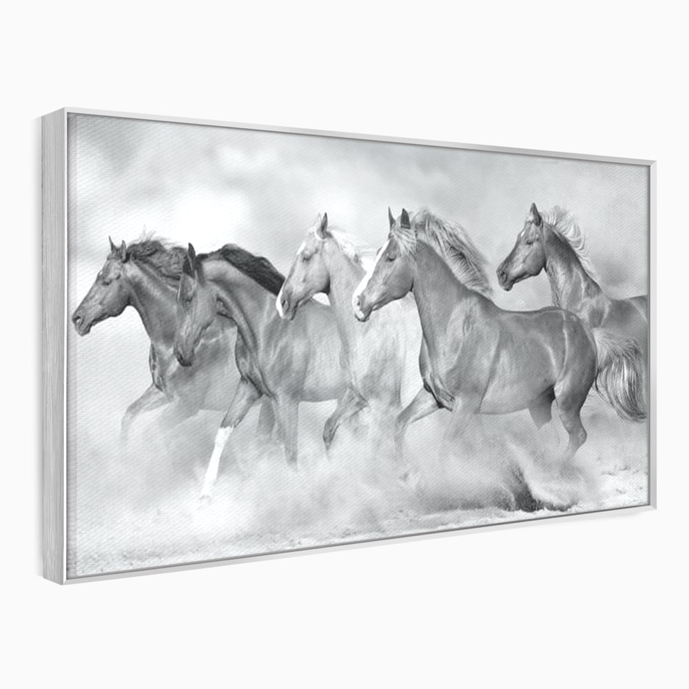 Tablou canvas cu tablou canvas cu cai in galop, in rama de aluminiu argintiu